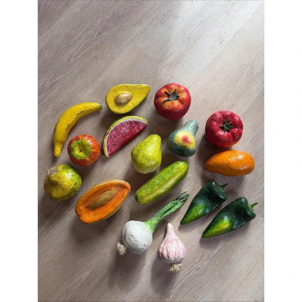 Vintage Paper Mache Fruit And Vegetables Set Of 16 Colorful And Funky‎ + Basket